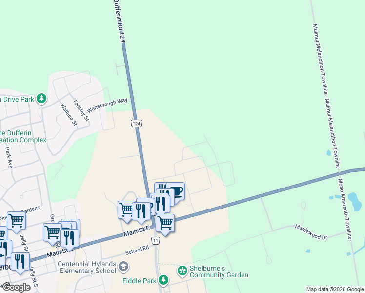 map of restaurants, bars, coffee shops, grocery stores, and more near Highway 24 in Shelburne
