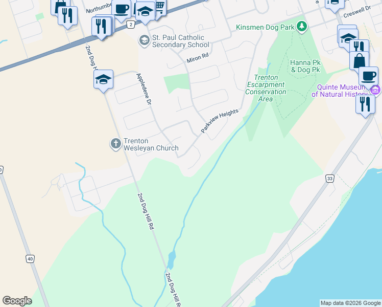 map of restaurants, bars, coffee shops, grocery stores, and more near 108 Parkview Heights in Quinte West