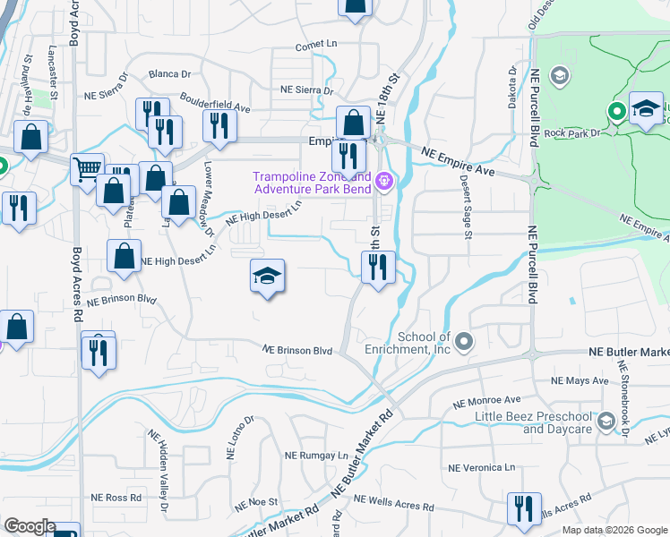 map of restaurants, bars, coffee shops, grocery stores, and more near 20845 Sockeye Place in Bend