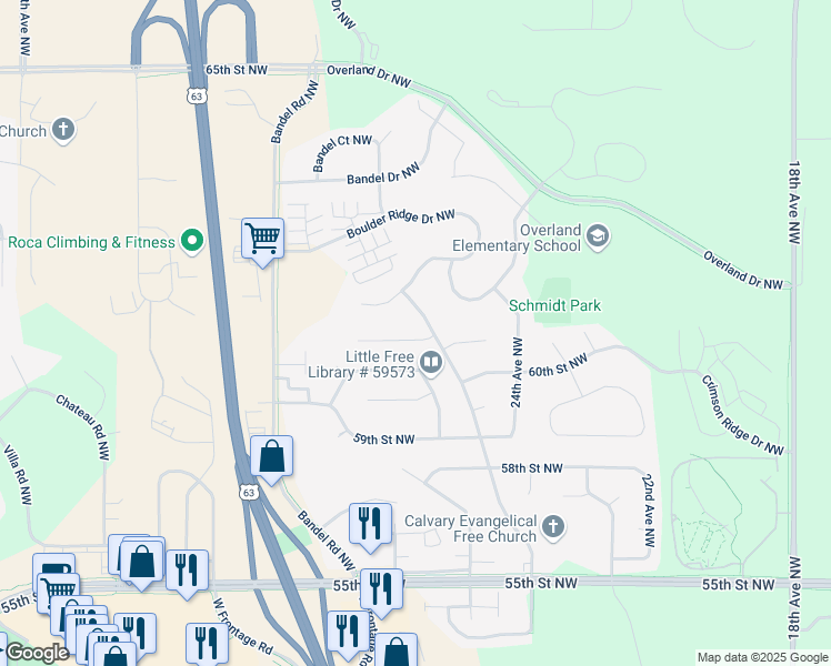 map of restaurants, bars, coffee shops, grocery stores, and more near 2511 62nd Street Northwest in Rochester