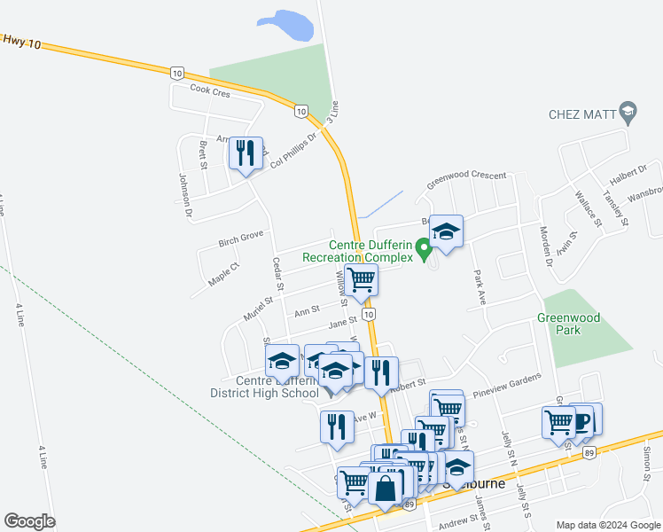 map of restaurants, bars, coffee shops, grocery stores, and more near 107 Susan Street in Shelburne