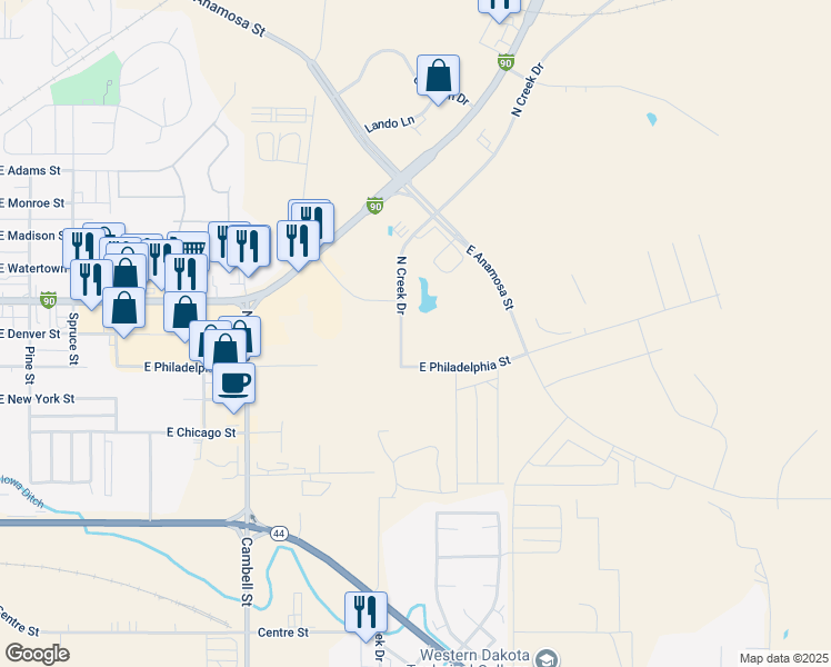 map of restaurants, bars, coffee shops, grocery stores, and more near 422 North Creek Drive in Rapid City