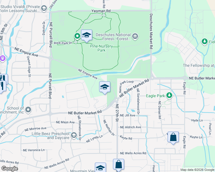 map of restaurants, bars, coffee shops, grocery stores, and more near 2680 Northeast Butler Market Road in Bend