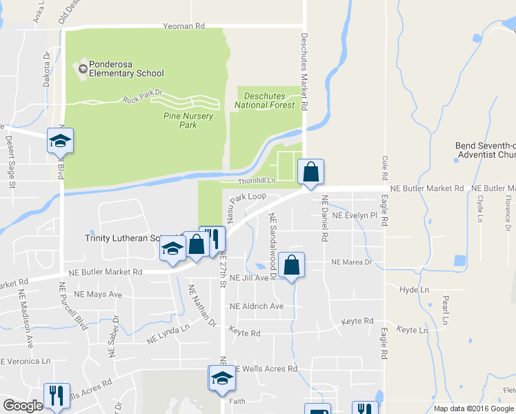 map of restaurants, bars, coffee shops, grocery stores, and more near 21248 Nicole Court in Bend