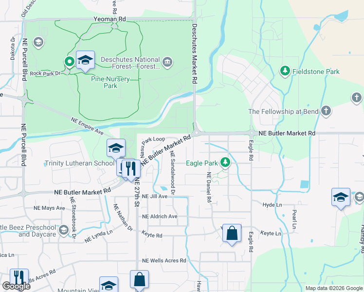 map of restaurants, bars, coffee shops, grocery stores, and more near 3459 Northeast Fieldstone Court in Bend