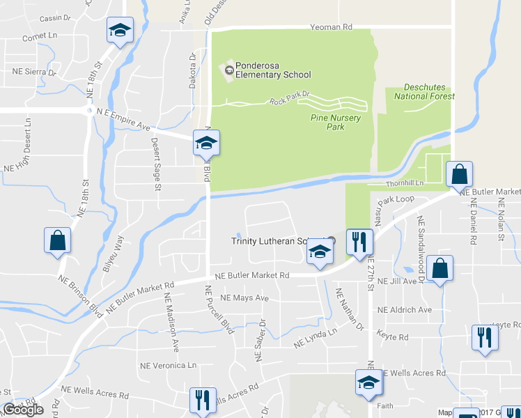 map of restaurants, bars, coffee shops, grocery stores, and more near 3342 Northeast Stonebrook Loop in Bend