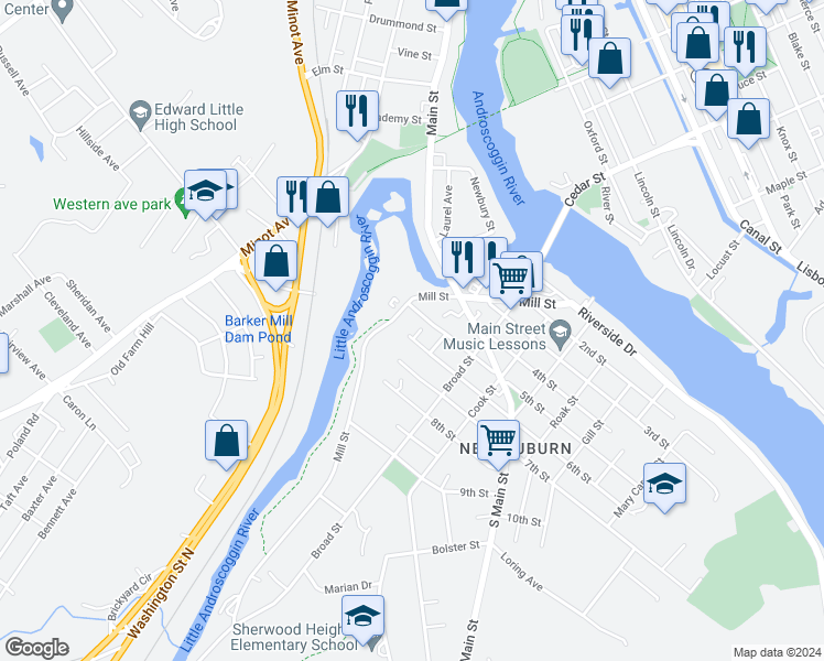 map of restaurants, bars, coffee shops, grocery stores, and more near 16 6th Street in Auburn
