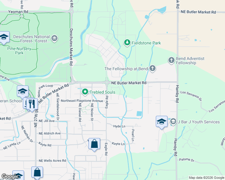 map of restaurants, bars, coffee shops, grocery stores, and more near 61136 Northeast Cobalt Street in Bend