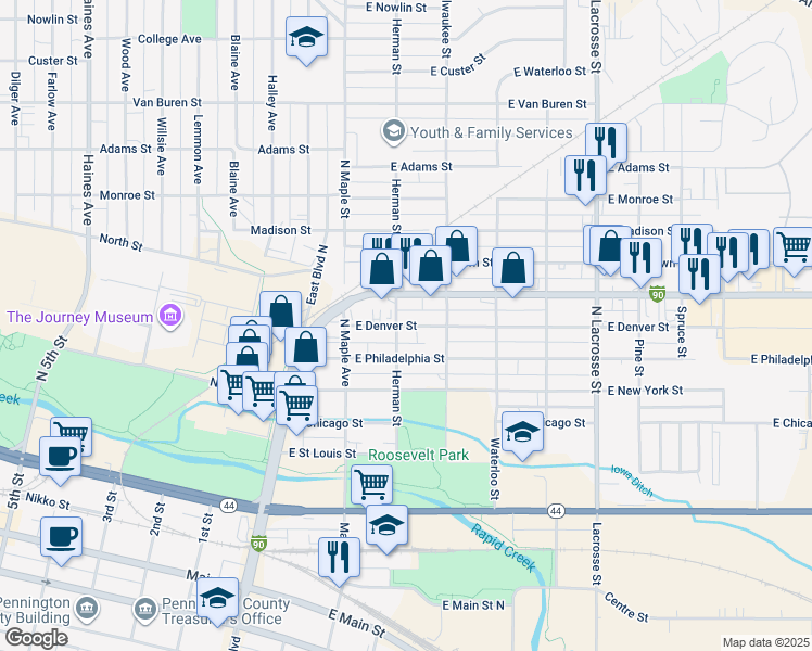 map of restaurants, bars, coffee shops, grocery stores, and more near 207 East Denver Street in Rapid City