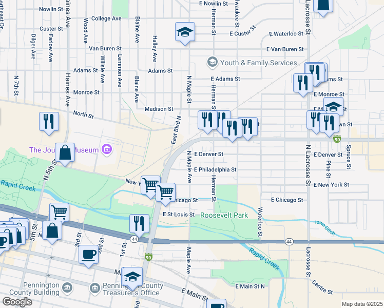 map of restaurants, bars, coffee shops, grocery stores, and more near 414 East Boulevard North in Rapid City