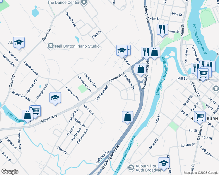 map of restaurants, bars, coffee shops, grocery stores, and more near 172 Madison Street in Auburn