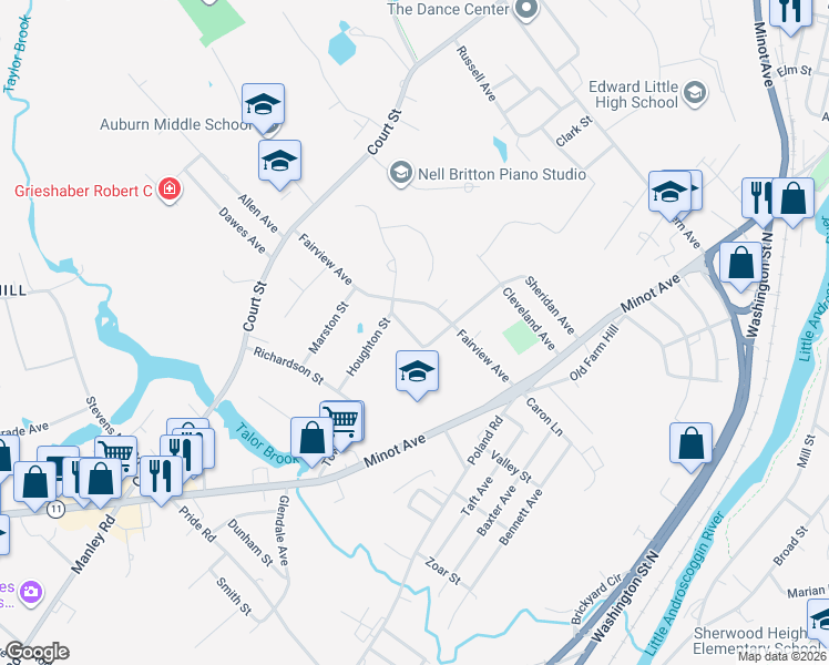 map of restaurants, bars, coffee shops, grocery stores, and more near 10 Fairview Court in Auburn