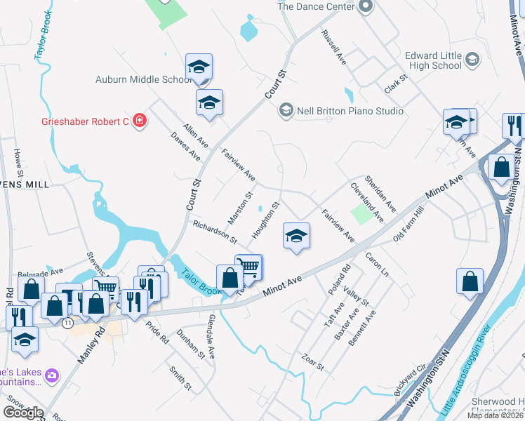 map of restaurants, bars, coffee shops, grocery stores, and more near 48 Houghton Street in Auburn