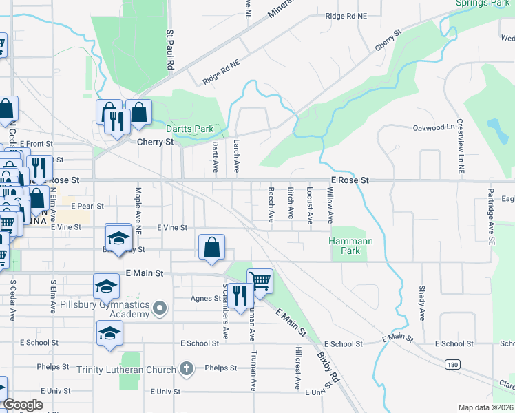 map of restaurants, bars, coffee shops, grocery stores, and more near 228 Linden Avenue in Owatonna