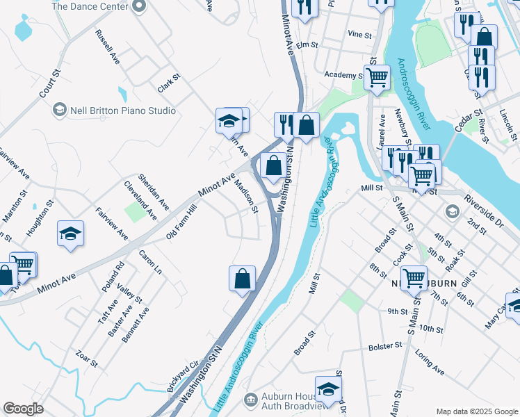 map of restaurants, bars, coffee shops, grocery stores, and more near 56 Madison Street in Auburn