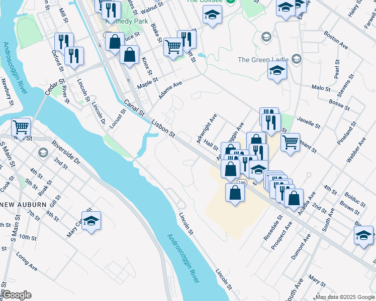 map of restaurants, bars, coffee shops, grocery stores, and more near 733 Lisbon Street in Lewiston