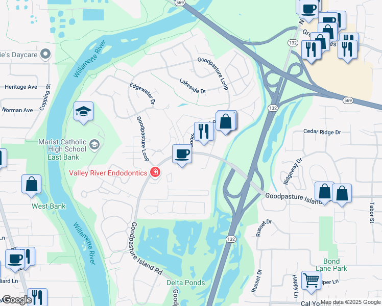 map of restaurants, bars, coffee shops, grocery stores, and more near Goodpasture Island Road & Goodpasture Loop in Eugene