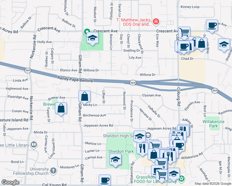 map of restaurants, bars, coffee shops, grocery stores, and more near 2310 Elysium Avenue in Eugene