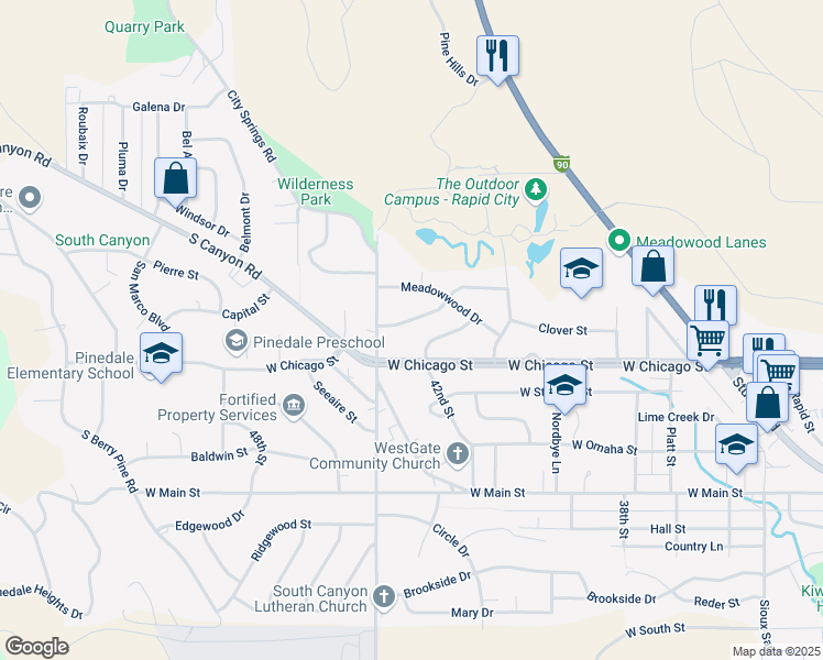 map of restaurants, bars, coffee shops, grocery stores, and more near 201 North 44th Street in Rapid City