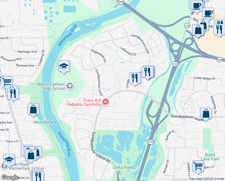 map of restaurants, bars, coffee shops, grocery stores, and more near 2045 Lake Isle Terrace in Eugene