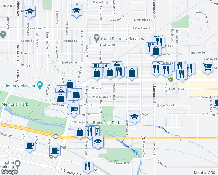 map of restaurants, bars, coffee shops, grocery stores, and more near 214 East Denver Street in Rapid City