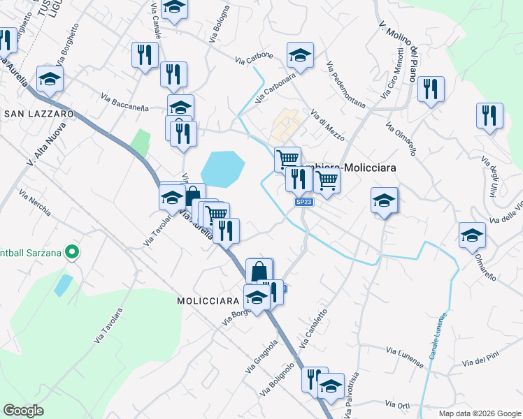 map of restaurants, bars, coffee shops, grocery stores, and more near 24 Via Gallico in Colombiera-molicciara