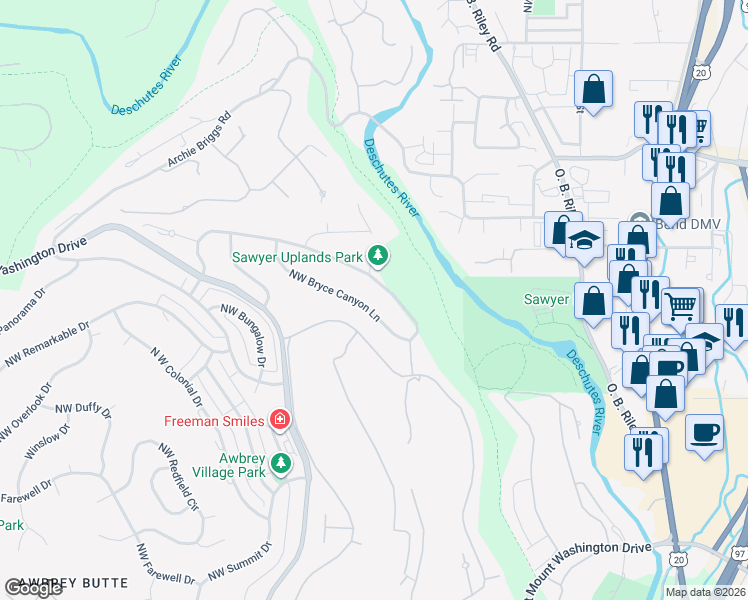 map of restaurants, bars, coffee shops, grocery stores, and more near 3426 Northwest Bryce Canyon Lane in Bend