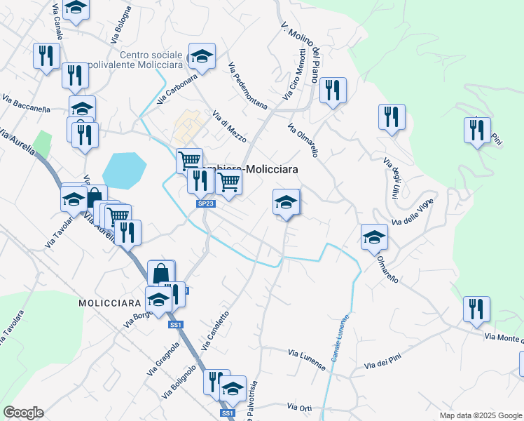 map of restaurants, bars, coffee shops, grocery stores, and more near 67 Via della Resistenza in Colombiera-molicciara