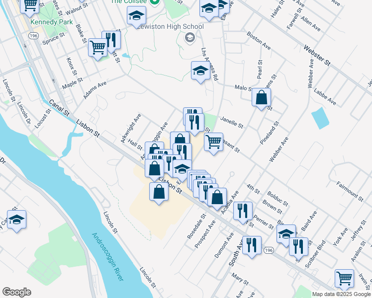 map of restaurants, bars, coffee shops, grocery stores, and more near 40 East Avenue in Lewiston
