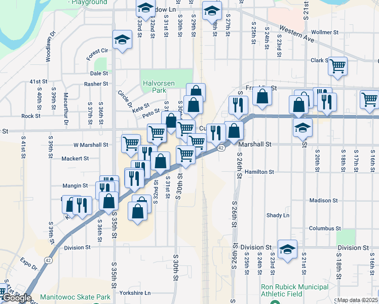 map of restaurants, bars, coffee shops, grocery stores, and more near 2900 Calumet Avenue in Manitowoc