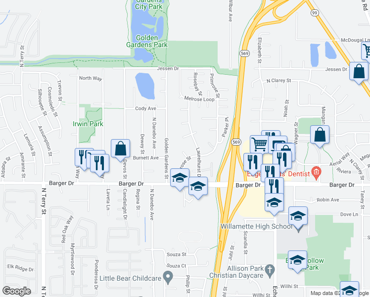 map of restaurants, bars, coffee shops, grocery stores, and more near 2110 Primrose Street in Eugene