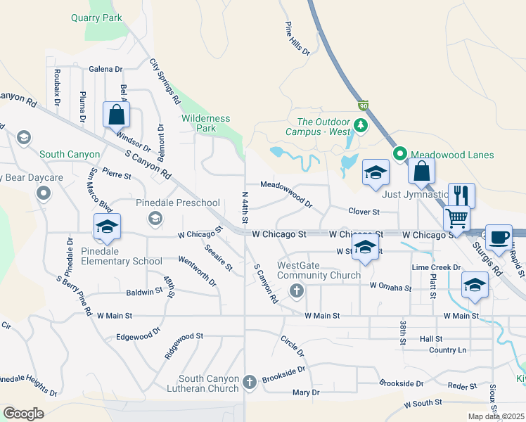 map of restaurants, bars, coffee shops, grocery stores, and more near 4333 Timothy Street in Rapid City