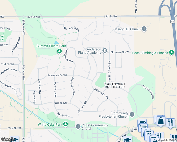 map of restaurants, bars, coffee shops, grocery stores, and more near 4306 Knotting Hill Lane Northwest in Rochester