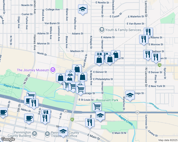 map of restaurants, bars, coffee shops, grocery stores, and more near 414 East Boulevard North in Rapid City