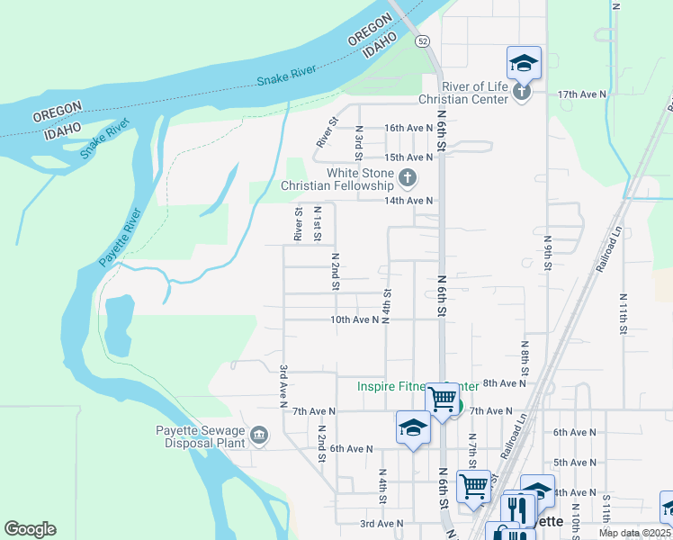 map of restaurants, bars, coffee shops, grocery stores, and more near 1124 North 2nd Street in Payette
