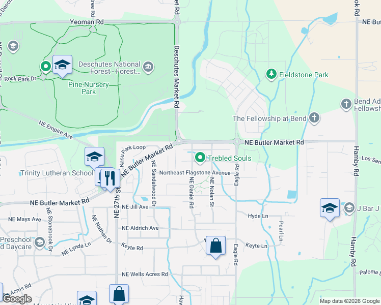 map of restaurants, bars, coffee shops, grocery stores, and more near 21332 Northeast Evelyn Place in Bend