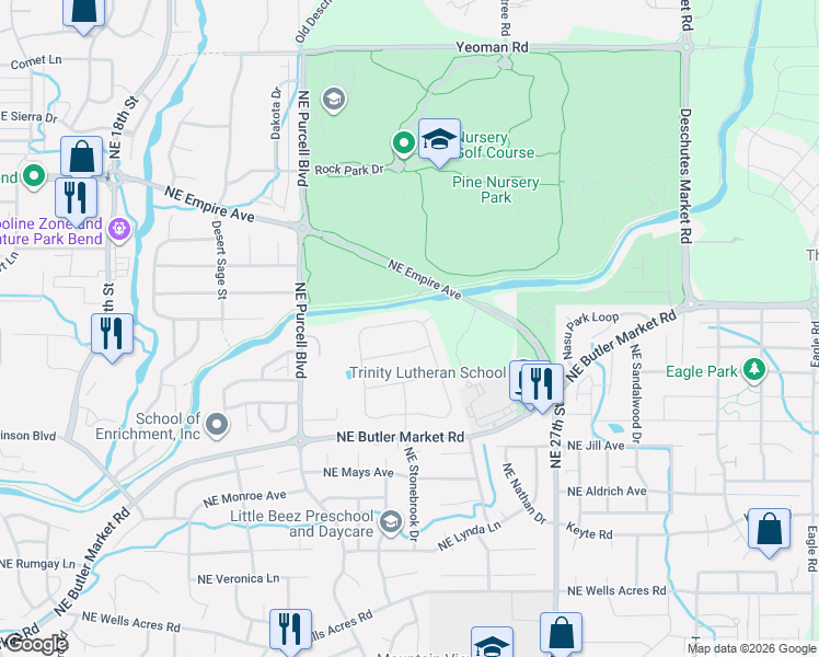map of restaurants, bars, coffee shops, grocery stores, and more near 2370 Northeast Edgewater Drive in Bend