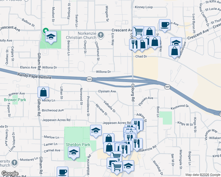 map of restaurants, bars, coffee shops, grocery stores, and more near 2600 Elysium Avenue in Eugene