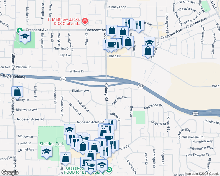 map of restaurants, bars, coffee shops, grocery stores, and more near 2295 Coburg Rd in Eugene