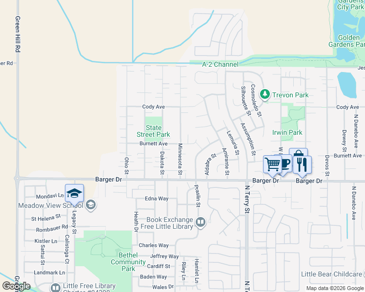 map of restaurants, bars, coffee shops, grocery stores, and more near 2079 Minnesota Street in Eugene