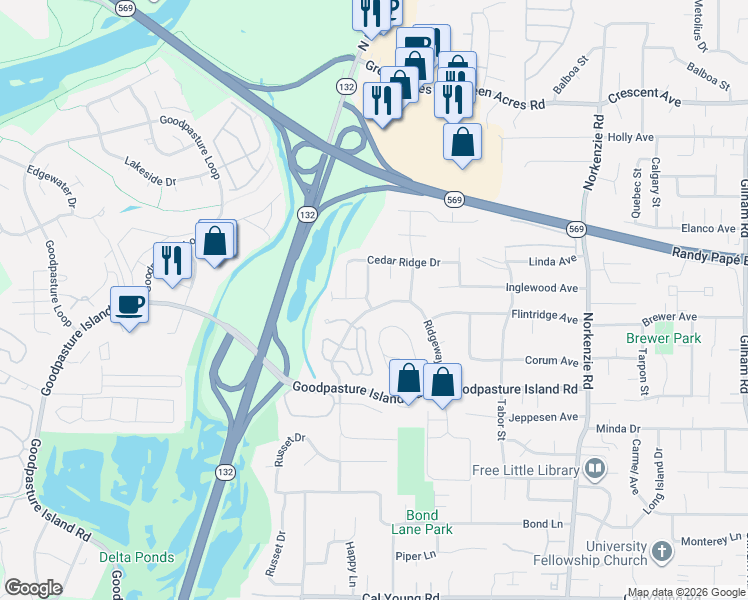 map of restaurants, bars, coffee shops, grocery stores, and more near 2101 Kingfisher Way in Eugene