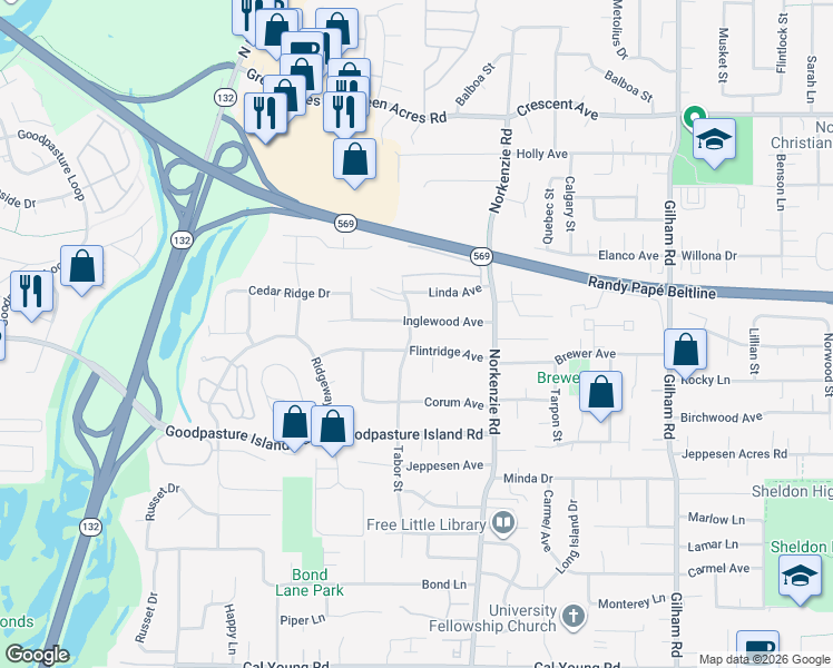map of restaurants, bars, coffee shops, grocery stores, and more near 2165 Tabor Street in Eugene