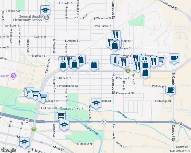 map of restaurants, bars, coffee shops, grocery stores, and more near 410 East Denver Street in Rapid City