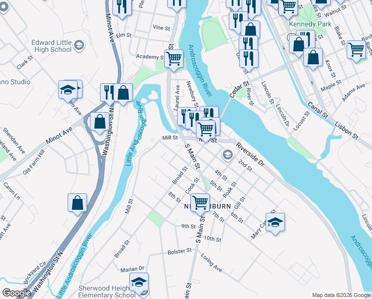map of restaurants, bars, coffee shops, grocery stores, and more near 7 4th Street in Auburn
