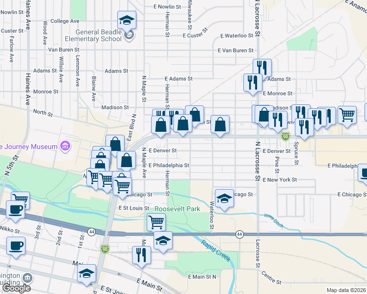 map of restaurants, bars, coffee shops, grocery stores, and more near 207 East Denver Street in Rapid City