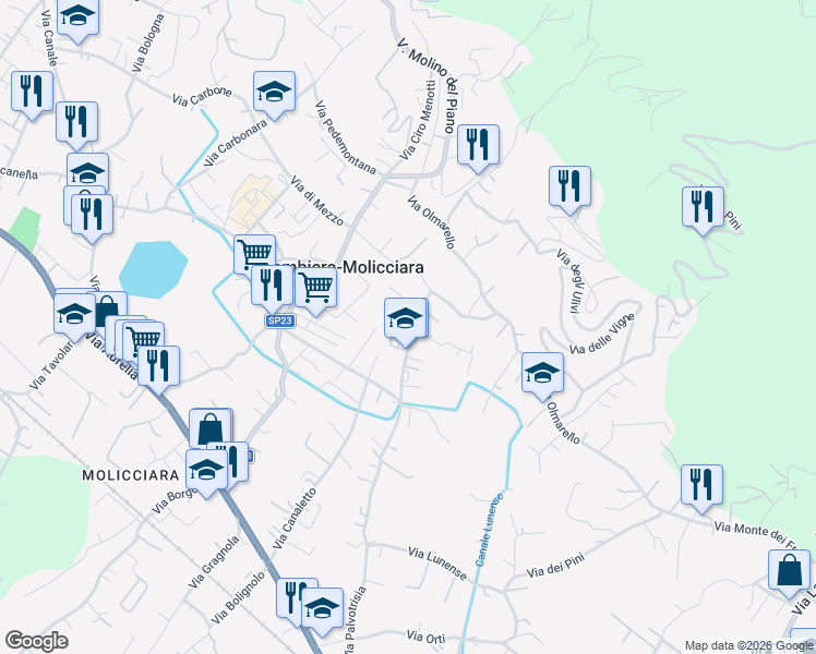 map of restaurants, bars, coffee shops, grocery stores, and more near 103 Via Palvotrisia in Colombiera-molicciara