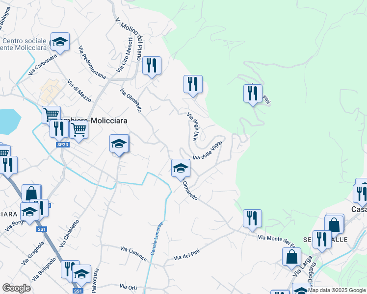 map of restaurants, bars, coffee shops, grocery stores, and more near 1 Via delle Vigne in Colombiera-Molicciara