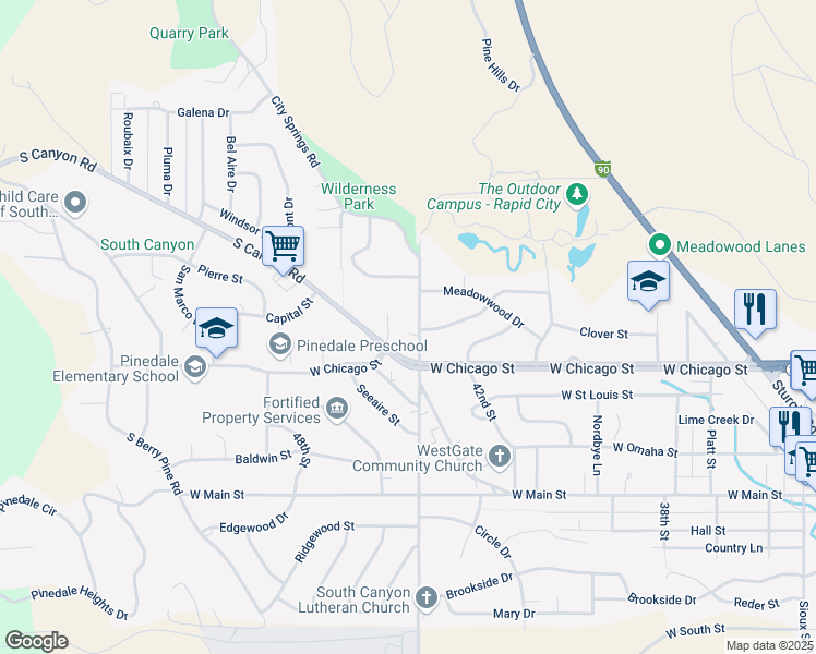 map of restaurants, bars, coffee shops, grocery stores, and more near 201 North 44th Street in Rapid City