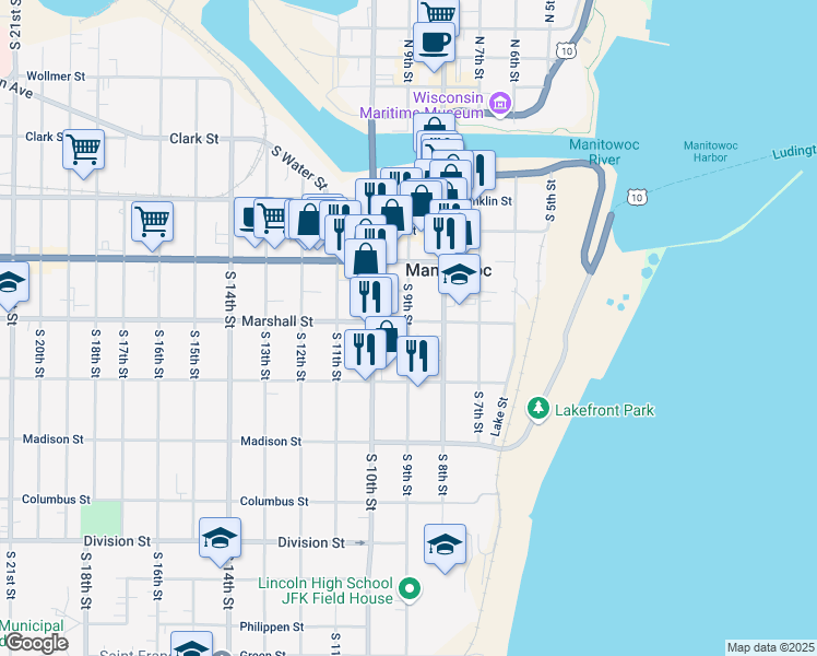 map of restaurants, bars, coffee shops, grocery stores, and more near 1111 South 9th Street in Manitowoc