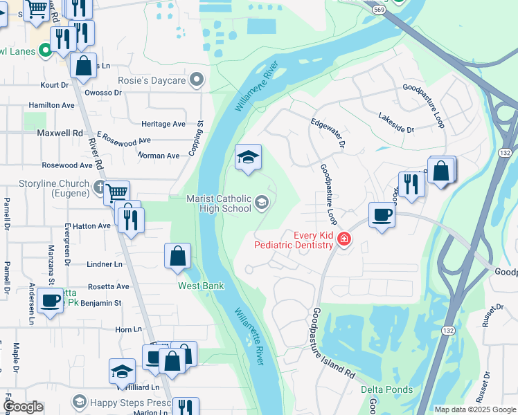 map of restaurants, bars, coffee shops, grocery stores, and more near 1920 Kingsley Road in Eugene